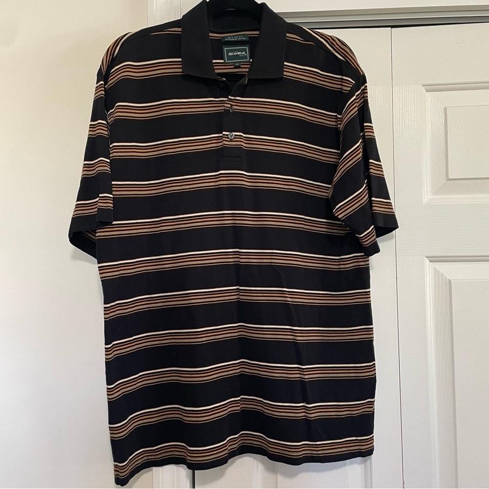 Bolle Golf Men's Black Tan Striped Short Sleeve Polo, NWOT Size Medium